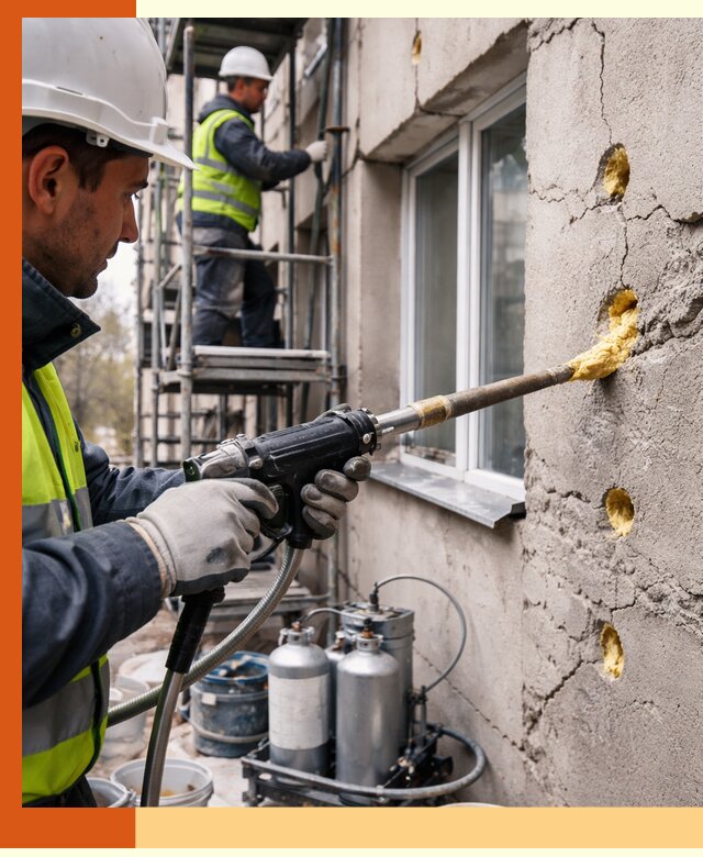 Заполнение пустот в фасаде и утепление стен в Гатчине