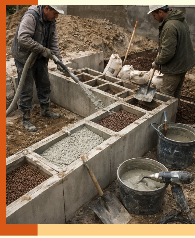 Заполнение полостей фундамента в Гатчине герметичным утеплением и повышением прочности